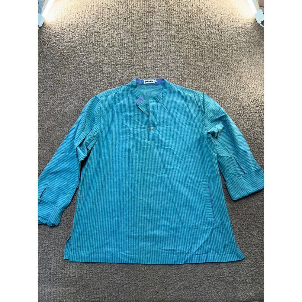 Fabindia Mens Cotton Kurta Shirt Teal Blue Striped Mandarin Collar Size 42 L